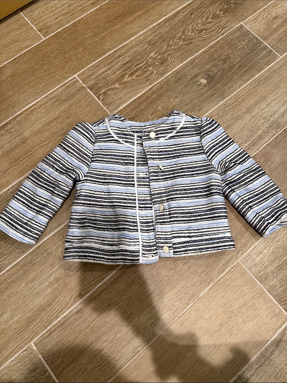 Janie and Jack Striped Tweed Jacket in White, Black, Light Blue